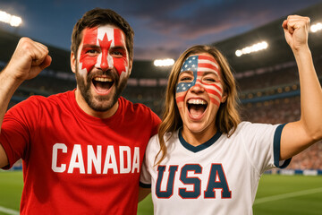 Canada and USA fans shouting in celebration at night match

