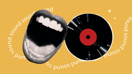 Vintage retro music halftone set. Karaoke collage collection with girl mouth, vinyl record. Grunge disco elements for poster, podcast, wall art. Dotted isolated vector illustration.