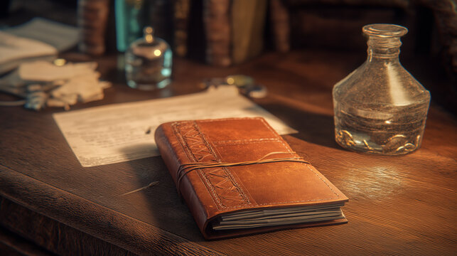 An open hand-stitched leather journal placed in the corner adds a personalized, creative element