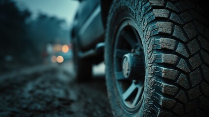 Close-up of a heavy-duty off-road vehicle tire on a challenging trail