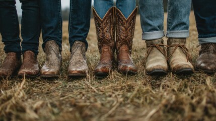 Feet and lower legs of multiple people in cowboy boots and relaxed denim attire, standing together on natural grass, capturing rural friendship and western charm