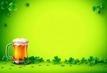 Green backdrop with top hat, shamrock, & beer mug; vector illustration for St Patrick's Day,  lucky,  festive