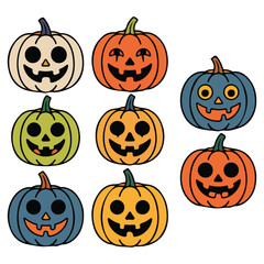 Funny Halloween pumpkins with various expressions vector isolated white background