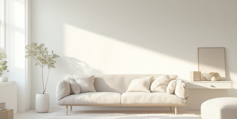 Minimalist living room with a white sofa, plant, and window, showcasing a clean and modern design with natural light and neutral tones for lifestyle.