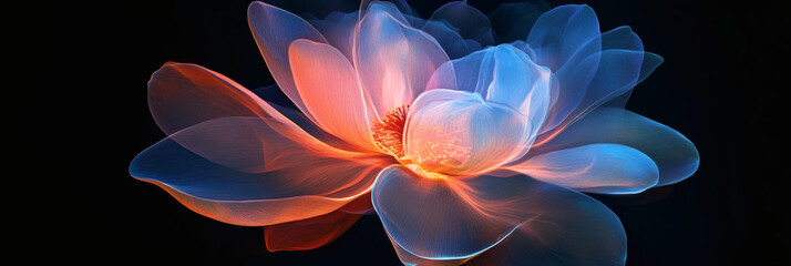 Illustration of a translucent flower with blue and orange petals on a black background, creating a delicate and ethereal floral design with a focus on color and light for graphic resources.