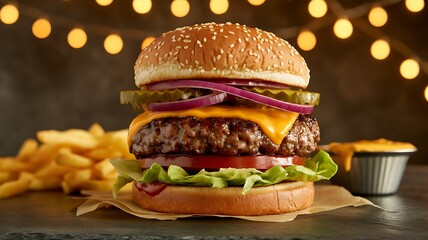 Delicious gourmet cheeseburger with fresh ingredients and crispy fries on a dark rustic surface