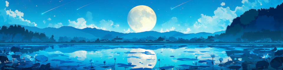 Illustration of a full moon reflecting on a lake at night, with shooting stars and silhouetted trees, creating a serene and magical landscape with a focus on nature and tranquility for landscapes.