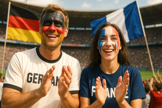 German and French Fans Clapping Together in Stadium