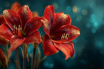 Red amaryllis with golden accents on a dark green bokeh background, luxurious Christmas floral decor