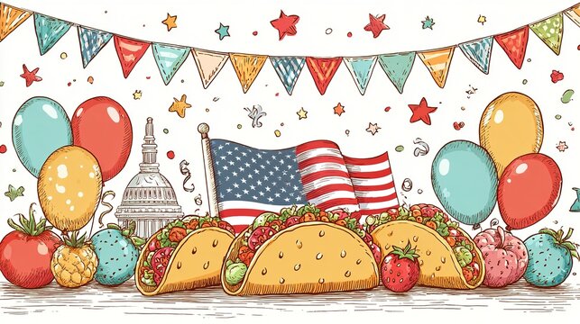 Illustration featuring american flag, tacos, balloons, and festive bunting for celebration day. High quality