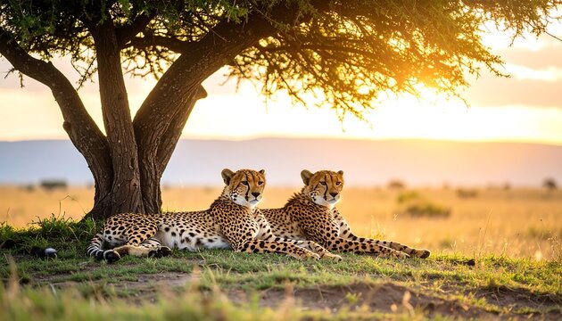 Cheetahs Resting with African Sunset.