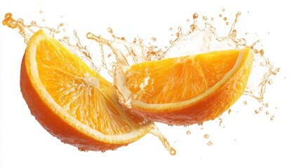 Two Orange Slices Splashing Fresh Juice, Vibrant Citrus Fruit, Healthy Drink isolated on white background