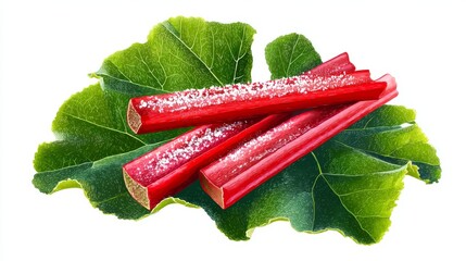 Sugar-Coated Rhubarb Stalks on a Large Green Leaf, a Vibrant Still Life Illustration isolated on white background