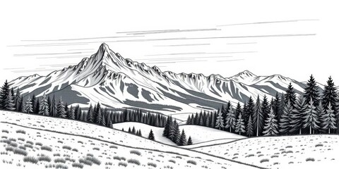 Fototapeta premium Hand-drawn black & white vector illustration of a scenic mountain landscape with meadows and forest, ideal for tourism and recreation themes, meadows, wild