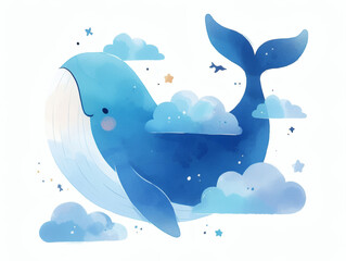 Illustration of a cute blue whale surrounded by clouds, creating a whimsical and playful scene with a focus on marine life and fantasy for animals.