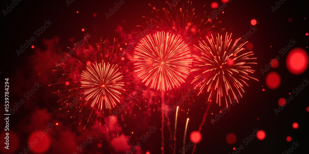 Poster an image of red fireworks exploding in the night sky, creating a festive and celebratory scene with 
