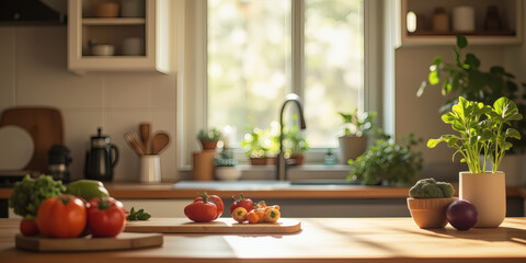 A bright kitchen with vegetables and plants on the countertop, showcasing a clean and modern interior with a focus on healthy living and natural light for food.