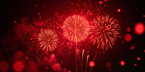 An image of red fireworks exploding in the night sky, creating a festive and celebratory scene with a focus on color and light for hobbies & leisure.