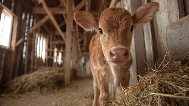 Young calf standing in barn eating fresh hay, soft natural lighting, wooden stable walls, curious expression, peaceful rural life atmosphere