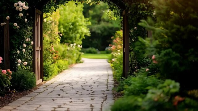 Romantic garden archway covered in climbing roses leading to a lush green lawn with mature trees and stonework path for serene outdoor escape
