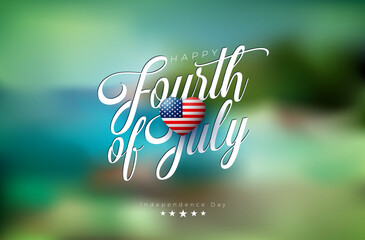 4th of July Independence Day of the USA Illustration with American Flag Pattern Heart and Typography Letter on Blurred Landscape Background. Vector Fourth of July National Celebration Design for
