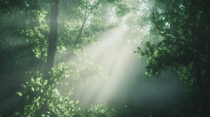 A forest with light rays shining through the trees, creating a peaceful and natural scene with a focus on nature and tranquility for landscapes.