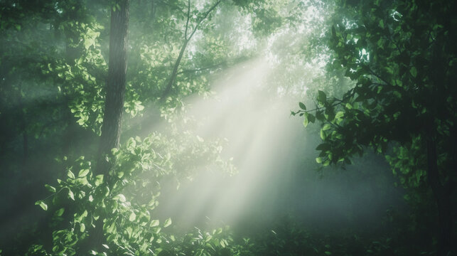 A forest with light rays shining through the trees, creating a peaceful and natural scene with a focus on nature and tranquility for landscapes.