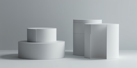 White geometric shapes including cylinders and stacked forms are arranged against a plain grey background, creating a minimalist and modern composition with subtle shadows and clean lines for industry