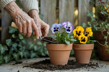 senior woman planting flowers in the garden
