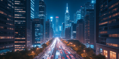 Night cityscape featuring illuminated skyscrapers and a busy highway with light trails from cars, showcasing modern architecture and urban transportation with a vibrant 