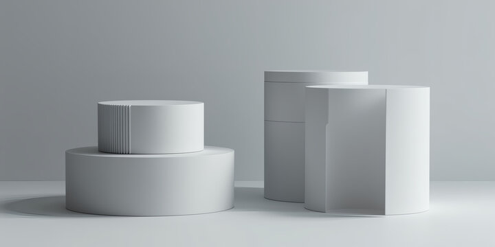 White geometric shapes including cylinders and stacked forms are arranged against a plain grey background, creating a minimalist and modern composition with subtle shadows and clean lines for industry
