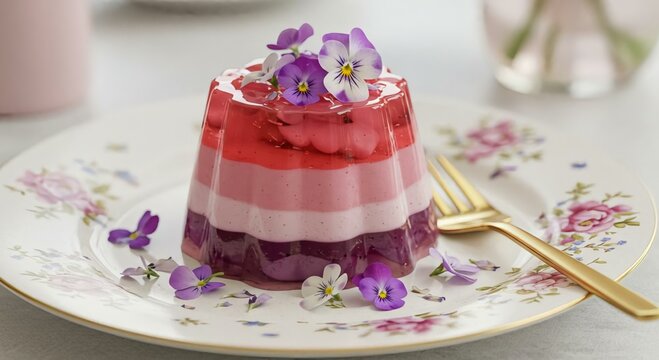 Delightful layered jelly dessert garnished with delicate edible flowers, perfect for springtime gatherings