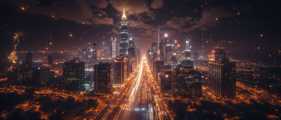Aerial view of a city skyline at night with illuminated buildings and light streaks from traffic, creating a dynamic and vibrant urban scene with a dramatic sky and scattered lights for travel.