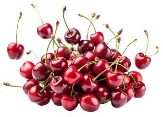 Forty vibrant red cherries falling against a black background studio shot sharp focus many cherries in motion some in mid air some piled together A I G E N E... isolated on a transparent background