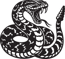 Obraz premium Bold black and white vector illustration of a rattlesnake with an open mouth, fangs visible, and coiled body in an aggressive pose. Ideal for tattoo design, wildlife-artwork, or symbolic graphics.