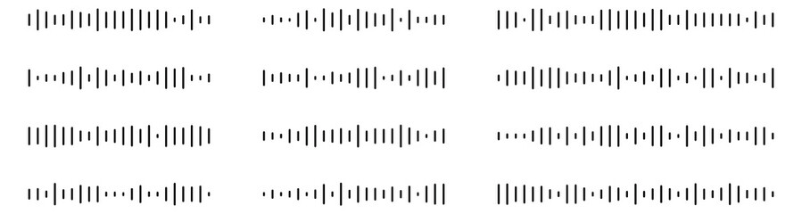 Podcast sound waves. Audio waveforms line icons, sound wave frequency or voice microphone signals. Music, podcast and broadcast, UI and audio branding design. Isolated vector set.