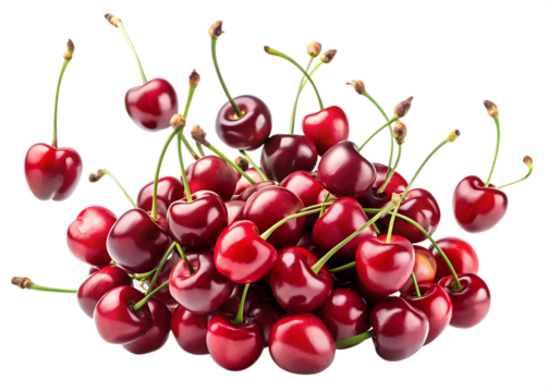 Forty vibrant red cherries falling against a black background studio shot sharp focus many cherries in motion some in mid air some piled together A I G E N E... isolated on a transparent background