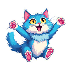 Vsai happy blue cartoon kitten raising paws and smiling