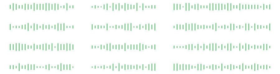 Set of wavy, vibrating and pulsating lines. Podcast sound waves. Waveform pattern for music player, podcast, voice message, music app. Audio wave icon. Isolated vector illustration.