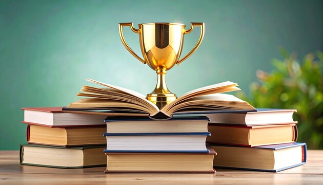 Golden Trophy on Open Book  Stacks. - Powered by Adobe