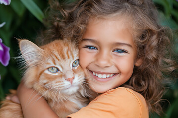 Girl happy smiling 5-7 years old hugging ginger cat in garden
