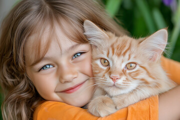 Girl happy smiling 5-7 years old hugging ginger cat in garden
