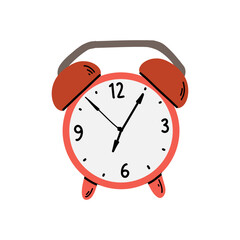 Flat vector illustration of a hand drawn retro style alarm clock with bells on top and classic round shape. Isolated on a white background. Perfect for school, time, and morning themed designs