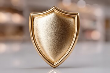 Golden shield emblem representing protection and security with a sleek design reflecting light and depth showcasing strength and resilience in a modern context captured with clarity