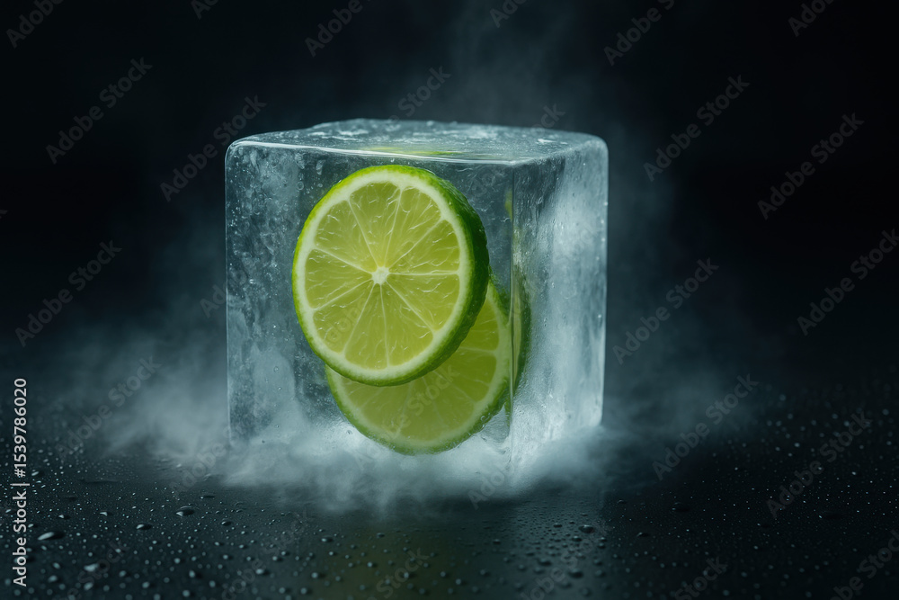 Poster chilled lime slices encased in clear ice cube create refreshing visual, enhanced by mist and droplet