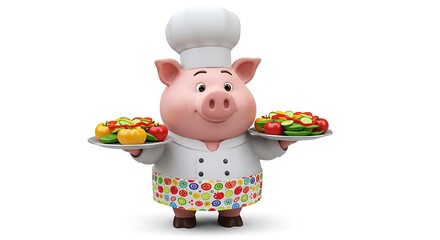 Fototapeta premium vector art line of cute pig face with costume cheft and cooking apron show dish suitable for mockup and logo product of team isolated white background