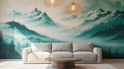 Interior design showing a modern living room with mountain mural and cozy furnishings including sofa