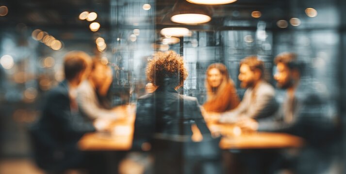 blurred photo of business people sitting around the table in an office, captured from behind and in focus, symbolizing collaboration within  company or between different quaint style icons.