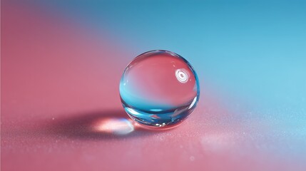 Transparent water droplet resting on a smooth surface with a gradient of pink and blue hues