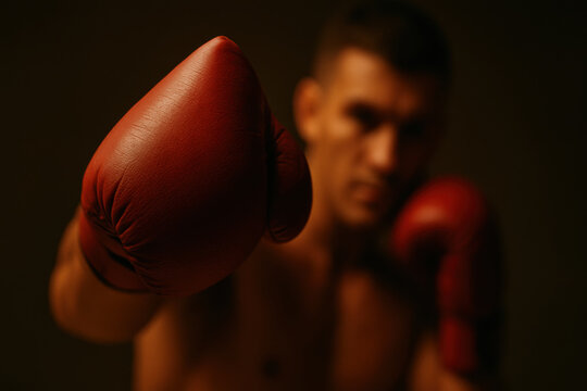 Focused boxer wearing red gloves prepares to strike, showcasing strength and determination in dramatic lighting setting. intensity of moment captures essence of sport